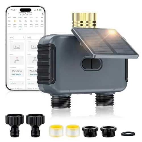 Mcbazel Programador de Riego Solar de 2 Zonas, Temporizador de Agua Inteligente WiFi con Panel Solar Recargable para Jardín et Césped, Resistente al Agua IP55, Compatible con App Smart Life