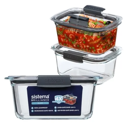 Sistema Brilliance Recipientes de vidrio para preparación de comidas 1,1L, pack de 3, 100% herméticos y a prueba de fugas