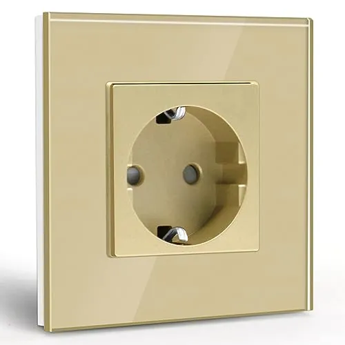 BSEED Enchufe de Pared,Schuko Enchufe Simple con Panel de Cristal Oro,16A 250V Toma de Corriente,Enchufes de Extensión para Cocina,Dormitorio,Oficina,Hotel,etc
