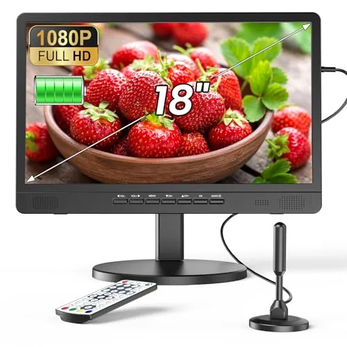 Desobry 18 Pulgadas TV portátil con Antena, batería de 6000mAh Pequeño televisor con Freeview, 12V Mini TV con Soporte para Camping al Aire Libre, Dormitorio, Cocina