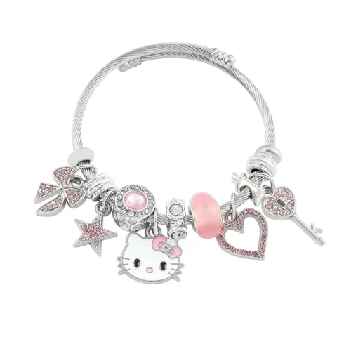 Hanaoops Hello Kitty Pulsera Niña, Pulsera Brillantes Rosa Colgante Mujer, Infantiles Pulsera de Plata Ajustable, Pulsera de Gato Anime Regalo de Cumpleaños para el Mejor Amigo de Niña (Rosa)