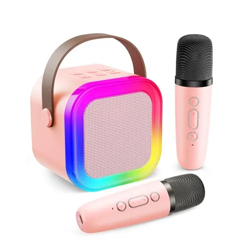 Fede Karaoke 2 Micrófonos para Niños, Mini Karaoke Infantil Micrófonos Inalámbricos Altavoz Bluetooth Portátil con Efectos de Cambio de Voz y Luces LED, Mejores Juguetes Regalos para Niñas Rosa