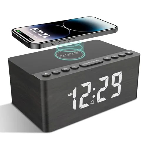 ANJANK Radiodespertador Digital con Carga inalámbrica, 10 W, Cargador rápido inalámbrico para iPhone y Android, Cargador USB y Pantalla LED Regulable, Funcionamiento con Red, Altavoz, Madera (Gris)