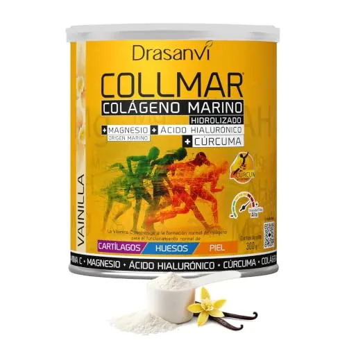 Drasanvi COLLMAR Colágeno Marino Hidrolizado + Cúrcuma con Magnesio, Vitamina C, Ácido Hialurónico para bienestar articular y muscular |Máx. asimilación 9.355 mg/día | 300g de polvo | Sabor Vainilla