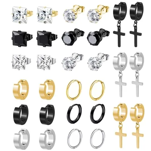 BVLAGIDA 15 Pares Pendientes Hombre Acero Inoxidable Pendientes Colgantes con Cruz Pendientes de Circón Pendientes Aro Plata/Oro/Negro para Hombre Mujer