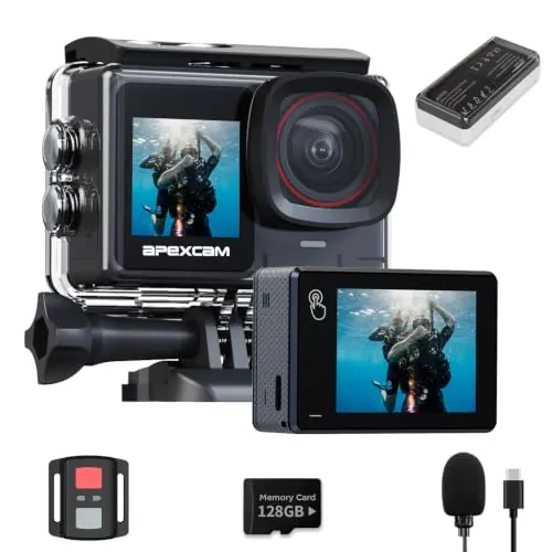 Apexcam Nueva X80pro con EIS cámara Deportiva de Doble Pantalla con 128G Tarjeta 4K60FPS 64MP Ultra HD WiFi cámara de acción cámara subacuática 40m Impermeable 2.4G Control Remoto 2x1350mAh baterías