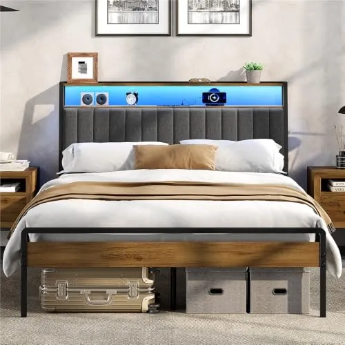 Yaheetech Cama Individual 140×200 cm con Cabecero Tapizado led y Puerto USB