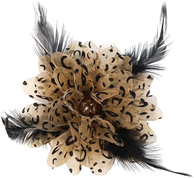 Broche de Plumas Negras con Estampado de Leopardo y Perlas Florales, Broches de Flores de Organza Hechos a Mano, Joyas de Moda de 120 mm de Largo para Mujeres, Vestido de Novia, Traje