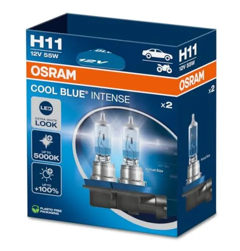 OSRAM COOL BLUE INTENSE H11, +100% más de brillo, hasta 5.000K, lámpara de faro halógena, aspecto LED, caja plegable colgante (2 lámparas)