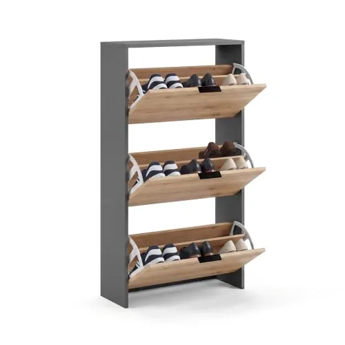 duehome | Zapatero Remi de 3 Puertas Abatibles, Mueble Zapatero Estrecho con Tiradores Metálicos, Acabado en Gris Grafito y Roble Alpino, Medidas: 60 cm 60 cm (Largo) x 113 cm (Alto) x 22 cm (Fondo)