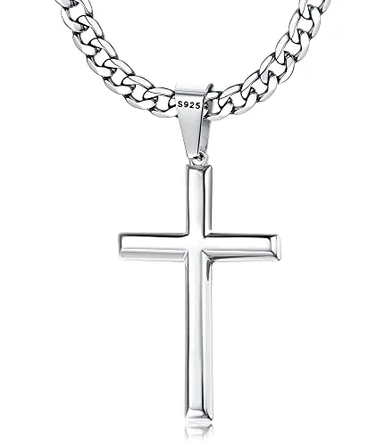 Chriscoco Collar Cruz Plata de Ley 925 Hombre Mujer 5MM Acero Inoxidable Cubano Cadena Con Colgante Cruz Para Hombre y Niños
