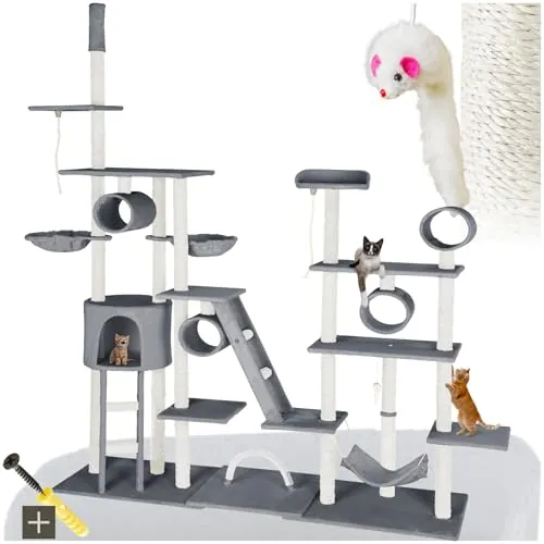 tectake® árbol rascador para Gatos, con casita, 2 nidos giratorios, Plataforma, Hamaca, Sistema antivuelco, ratón de Juguete, Cama para Gatos, rascador Gato, Postes de sisal - 261 cm Alto Gris