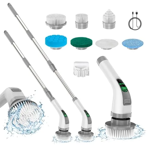 Limpiador Giratorio eléctrico, Cepillo de Limpieza eléctrico 7 en 1, Limpieza Potente de 360 RPM, depurador de baño de 1.5 Horas de Doble Velocidad con Brazo de extensión para Cocina, Coche, Azulejos