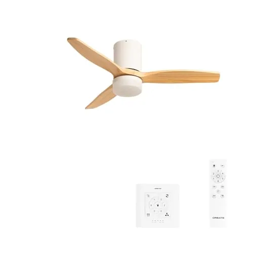 CREATE/WINDCALM S/Ventilador de techo ABS con luz blanco aspas efecto madera clara con controlador y mando / 40W, Temporizador, Ø112 cm, 3 temperaturas de luz, función verano-invierno