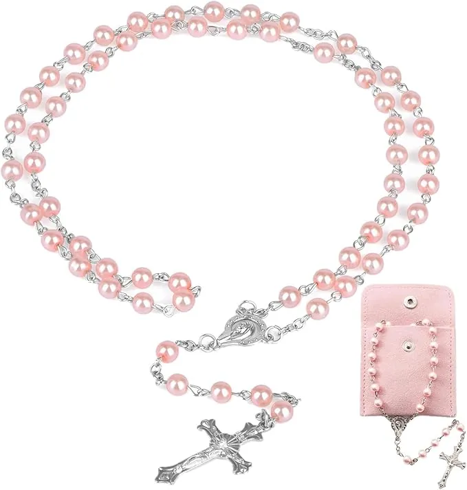 Rosario Católico, Rosario de Comunión con Cruz Retro, Collar Cruz Católica con Bolsa de Regalo de Terciopelo, Elegante Cruz para Bautismo Comunión Boda Fiesta de Comunión