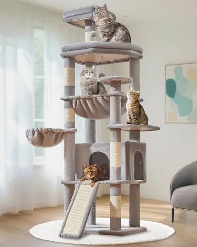 Taoqimiao Árboles Rascadores Para Gatos Grandes 183 cm, Plataformas Amplias | Casa Para Gatos, Hamaca Metálica, Cesta, Torre Para Gatos, 5 Postes De Sisal Y Panel Rascador, MS045W Gris Claro
