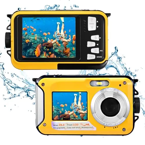 Cámara Digital Impermeable,Couleeur Full HD 2.7K 48MP Doble Pantalla Anti-Shake con micrófono LED Disparador automático y Zoom Digital 16X para niños Adolescentes (Amarillo)