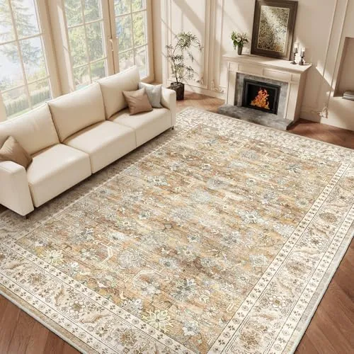 HOMFINE Alfombra Salon 200x300cm Vintage Lavable Beige Marrón