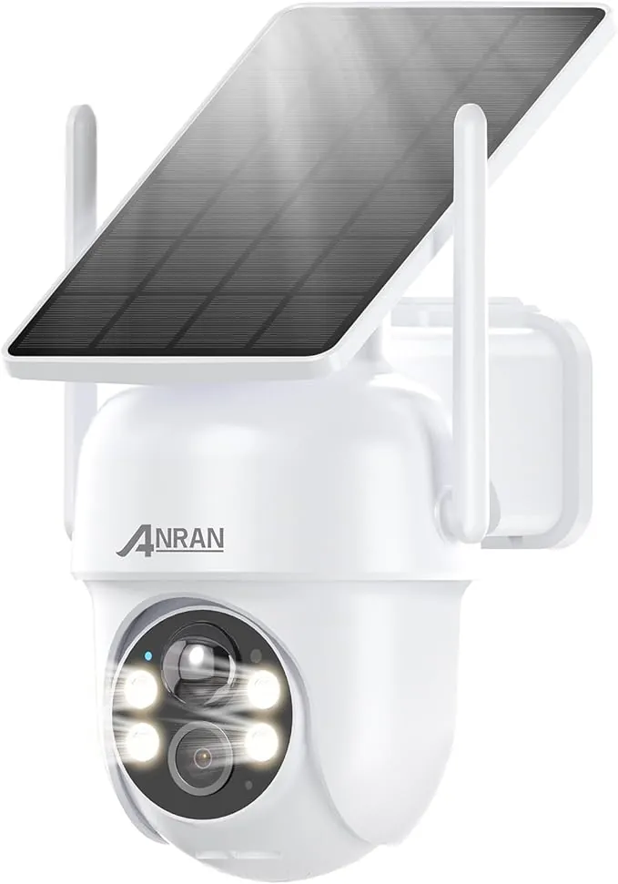 ANRAN 5MP FHD Camara Vigilancia Exterior Solar, 2.4GHz WiFi, Cámara inalámbrica con Panel Solar Integrado y Foco, 360° PTZ, PIR Movimiento Detección, Visión Nocturna Color,Audio de 2 Vias,Q04 Máx
