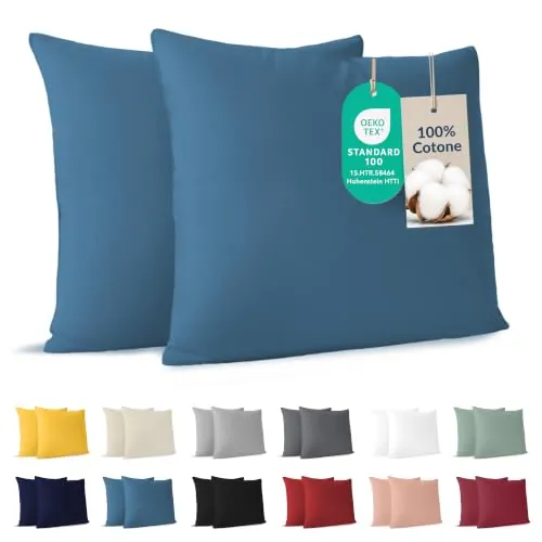 Dreamzie - Funda Almohada 65x65 cm - Juego de 2 - 100% Algodón - Azul | Certificado Oeko-Tex · con Cremallera · Jersey · 150 g/m² · Transpirable · Lavable · Ideal para Cojín de Sofá y Cama