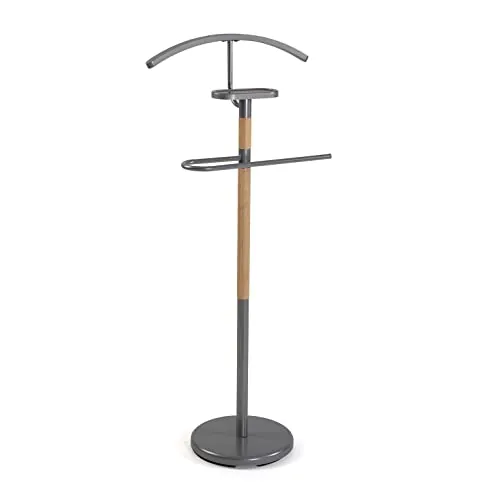 Versa Holstebro Galán de Noche Moderno Multifuncional con 2 Perchas o Colgadores para Ropa de Hombre o Mujer, Medidas (Al x L x An) 112 x 28,8 x 46,5 cm, Metal y Madera, Color Gris