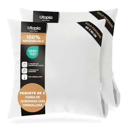 Utopia Bedding Protector de Cojin Impermeable 60x60 cm (Juego de 2) con Cremallera, Funda Cojin Certificado Oeko-Tex