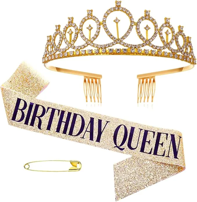 Corona de Cumpleaños,Birthday Queen Tiara Corona de Diamantes,Banda de Cumpleaños para Decoración de Fiesta de Cumpleaños Mujer,Oro