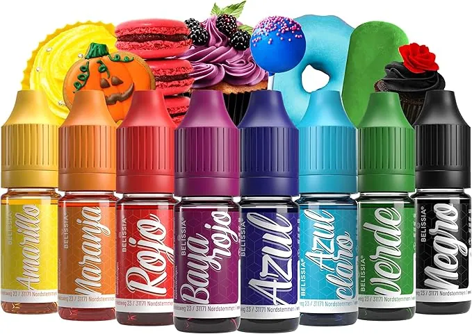Belissia Colorante Alimentario Set – 8x10ml líquido y altamente concentrado – Colorante alimentario seguro para hornear, cocinar, fondant y manualidades DIY – vegano, de gran poder colorante