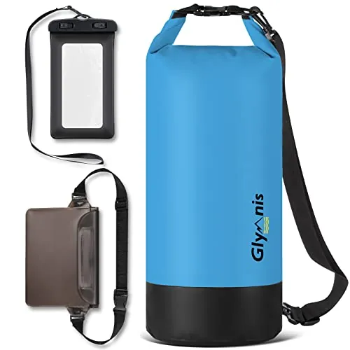Glymnis Bolsa Estanca Bolsa Impermeable 5 L/10 L/20 L con Bolsa Cintura para Rafting Kayak Playa Senderismo Esquí Pesca Escalada y Camping (Azul, 20 L)
