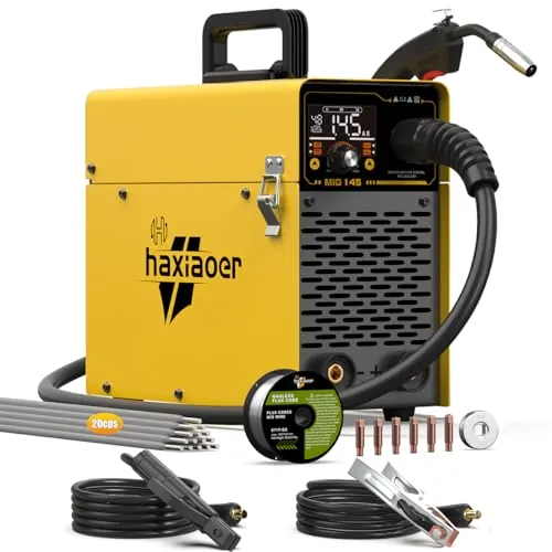 Haxiaoer 145A Soldador de Hilo Continuo Sin Gas 3 en 1 Máquina de Soldar MIG con ARC/Flux MIG/Lift TIG, Pantalla LED Digital Inteligente, Soldador Inversor Compacto