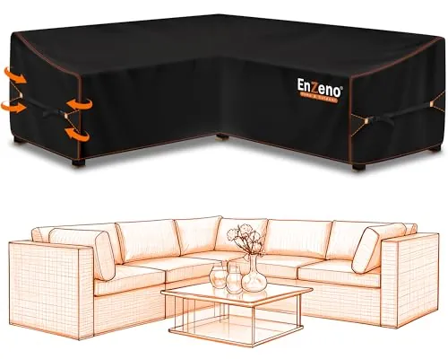 Enzeno Funda para Sofá de Jardín en Forma de L, Impermeable, Resistente al Viento, Cubierta de Lona para Exterior, para Conjunto de sillones de Esquina (215 × 215 × 87 cm)