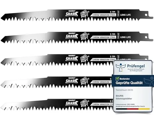 BAURIX® Hojas de Sierra Sable 240 mm 5 Piezas – madera fresca, 5 TPI | Para podar ramas y cortar raíces frescas. Acero CRV flexible, compatibles con Bosch, Makita y muchas más.