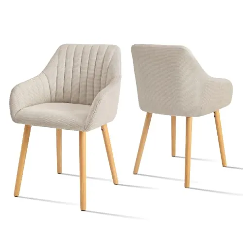 Goeurvant Juego de 2 sillas de Comedor Beige con reposabrazos de Lino, sillas de Comedor, Silla de salón, Silla de Cocina