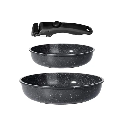 GiPP Juego de Ollas y Sartenes Cerámicas Antiadherente - Juego de Cocina con Mangos Desmontables, No Tóxico, Apto para Inducción, Horno y Lavavajillas(Negro 3PCS)