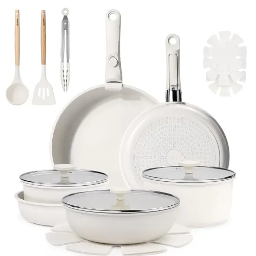 GiPP 19 PCS Juego de Ollas y Sartenes Induccion Antiadherentes Sin Toxicos | Bateria Cocina Mango Extraible, Apta para Todo Tipo de Cocinas Incluida Inducción y Horno, Compatible Lave-vaisselle, Blanco