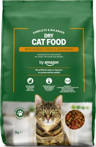 by Amazon - Alimento seco Completo para Gatos Adultos con Pollo, Pavo y Verduras, 1 Pack de 3 kg