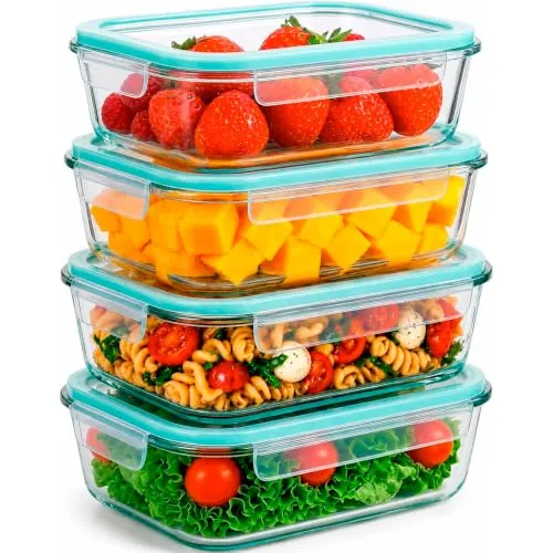 edihome, Recipientes de Cristal para alimentos, 8 Piezas (4 recipientes + 4 tapas), para Comida Hermetico, Apto para lavavajillas, congelador, microondas, sin BPA (4 Recipientes)