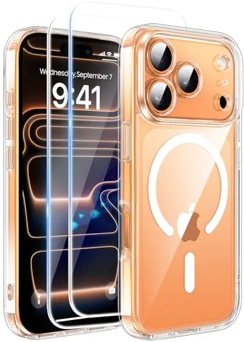 FLLAO Funda para iPhone 17 Pro, Compatible MagSafe, con 2 Piezas Protector de Pantalla Cristal Templado, [Protección de Cámara] Magnética Carcasa Translúcida Mate Trasera Fina Antigolpes, Transparente