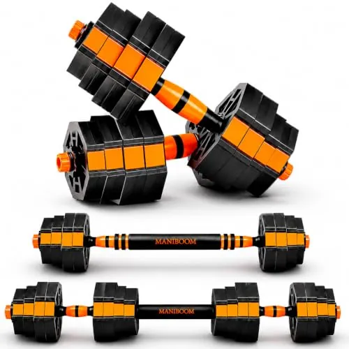 ManiBoom Mancuernas Ajustables 10kg 15kg 20kg 30kg 40kg 50kg - Kit de Pesas y Mancuernas 3 en 1 con Doble Rosca, Barra Acolchada y de Guía de Ejercicios - Gimnasio en Casa