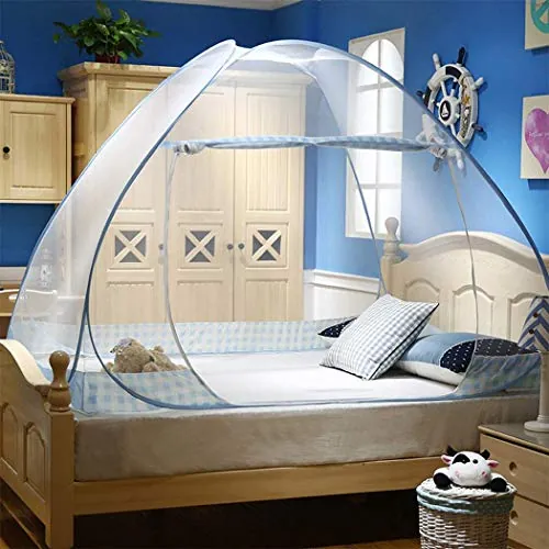 Digead Pop-up Mosquitera para Cama Matrimonial 150x200 cm con Doble Puerta – Plegable y Emergente, Ligera y Transpirable de Poliéster, Portátil para Viaje, Hogar o Bebés - Borde Azul