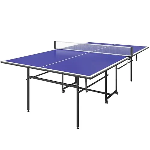SPORTNOW Mesa de Ping-Pong Profesional Plegable Mesa de Tenis de Mesa con 4 Ruedas, Red, 2 Palas y 3 Pelotas para Interior y Exterior 274x152,5x75,5 cm Azul