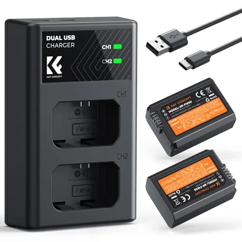 K&F CONCEPT NP-FW50 Batería de Cargador Kit 2x1100mAh Dual USB-C Compatible con ZV-E10, Alpha A6400 A6000 A6300 A6500 A5000 A5100 A7 A7II A7R A7RII A7S A7SII RX10 II III y más