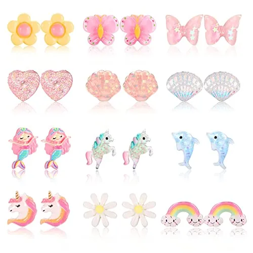 YADOCA 12 Pares Pendientes Clip para Mujer y Niñas - Delfines, Mariposa, Flor de Arco Iris, Corazón - Oreja Sin Agujero Joyería Regalo
