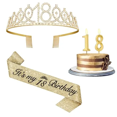 Zimocepuz Decoraciones para el 18° Cumpleaños para Chicas, Banda para 18° Cumpleaños, Corona de 18° Cumpleaños, Regalos Dorados de 18 Años para Chicas