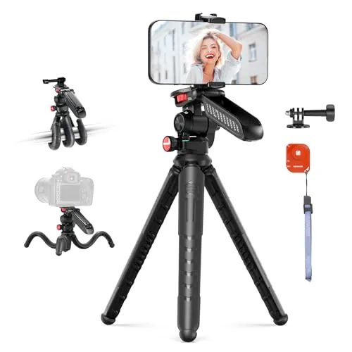 NEEWER Trípode Flexible Teléfono y Cámara con Control/Mango/Soporte Teléfono/Adaptador Cámara Acción, Mini Trípode Viaje Vlog Selfie Stick Compatible con iPhone GoPro Hero13 12 11 10 Samsung,TP36