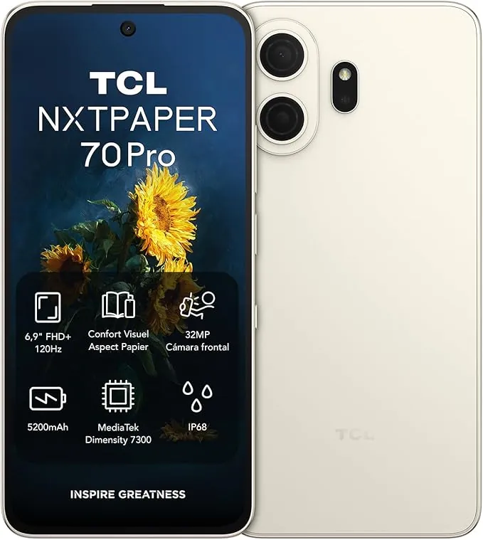 TCL NXTPAPER 70 Pro Smartphone 5G - Dorado | Pantalla 6,9" FHD+ 120Hz NXTPAPER 4.0 | CPL Antirreflectante | Protección Ocular | Cámara 50 MP OIS | 8 GB + 512 GB | Dimensity 7300 | MuseFilm