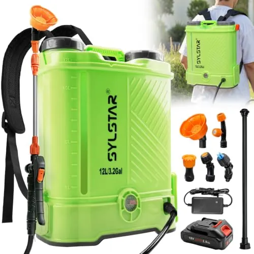 SYLSTAR Pulverizador Electrico 12L, 5.5Bar Potente Sulfatadora Bateria Compatible con Makita 18V, 5 Boquillas Pulverizador Bateria con Fuerza de Pulverización Ajustable (con Cargador)