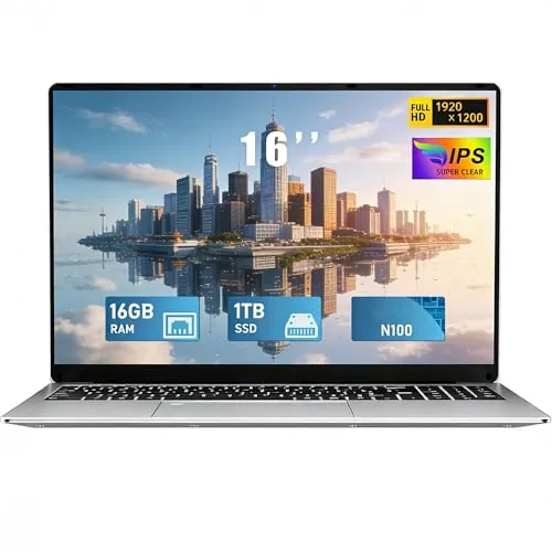 FUNYET Ordenador Portátil 16 Pulgadas Celeron N100 Quad-Core hasta 3.4GHz Laptop 16GB RAM 1TB SSD Win 11 FHD 1920×1200 USB 3.0 BT 5.0 WiFi 5 HDMI Teclado Retroiluminado Convertible-QWERTY