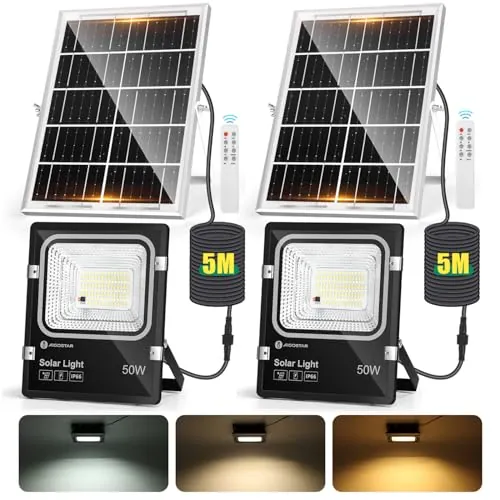 Aigostar - Foco solar exterior con mando a distancia，Cable de 5m.4000mAH，Batería de gran capacidad y gran panel solar.regulable 3000/4000/6500K. Uso interior/exterior IP66:jardín，patio，camino