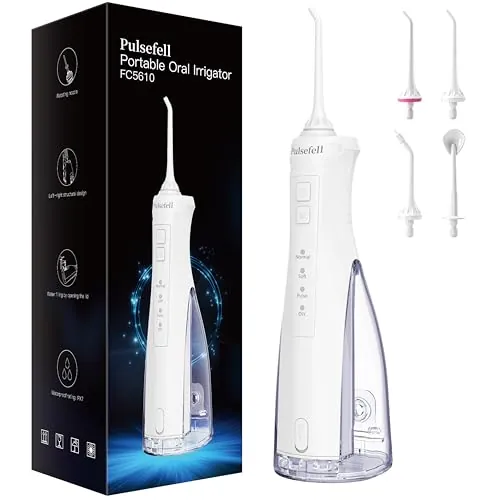 Pulsefell Irrigador Dental Portátil, 300 ML Water Flosser Recargable por USB Inalámbrico con 4 Boquillas y 4 Modos, Impermeable IPX7 para Hogar y Viajes (Blanco)